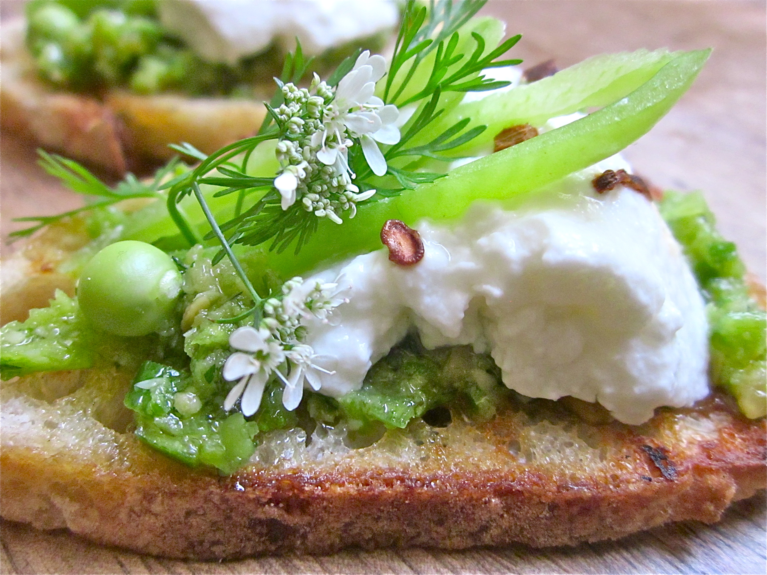 Scape Pesto Crostini, Goats Cheese, Sugar Snaps